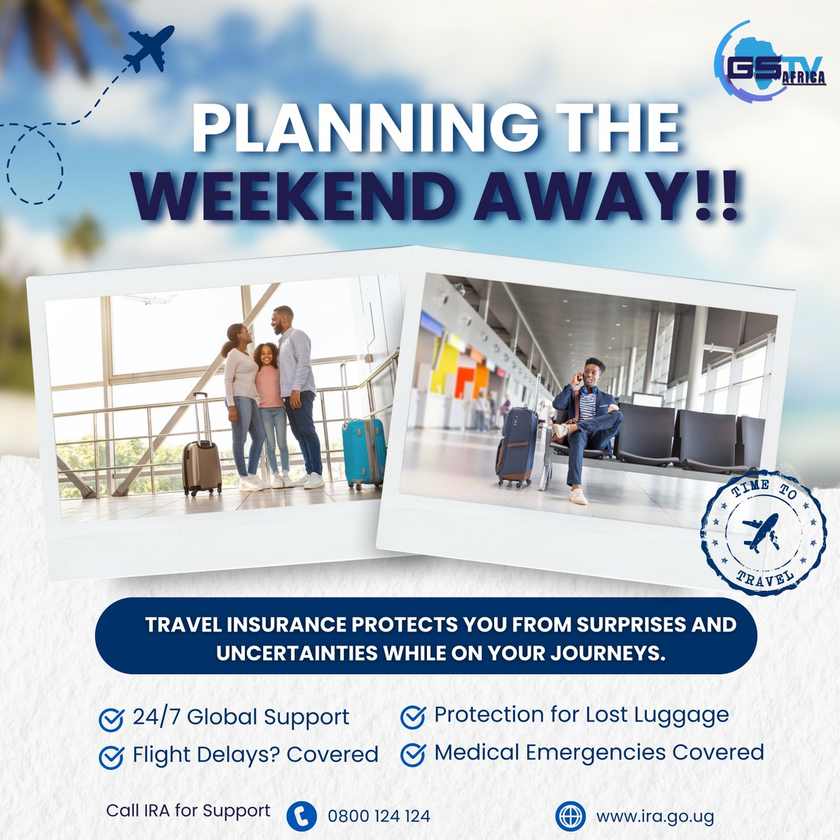 GstvAfrica's tweet image. Before you plan the weekend away,make sure you&apos;re covered with travel insurance – from flight delays to medical emergencies!
Travel smart. Travel safe. 🌍

#TravelInsurance #WeekendGetaway #StayProtected #IRAUganda #SafeTravels