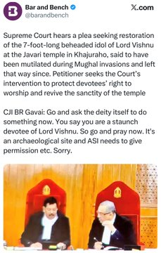 Monkastra's tweet photo. When Islamist approach court for renovation of dargah - Bhimta CJI directs ASI to maintain and repair the monuments. 

When Hindu approach court of repairment of Temple - Bhimta CJI asks to go pray to God. 

Without Collegium, you will have 100x more such bhimtas in judiciary https://t.co/r2eAl9My9P