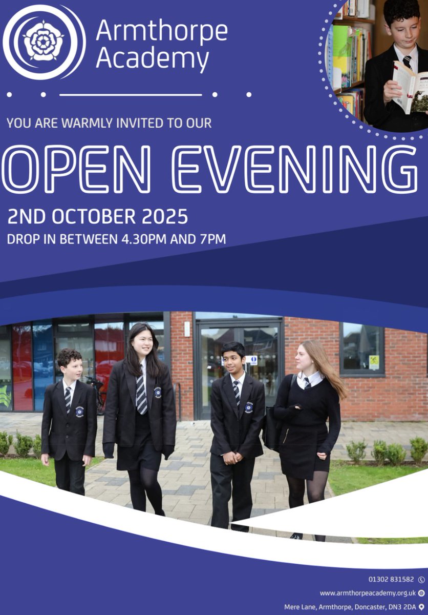 Thursday 2nd October- 4:30-7:00pm. Armthorpe Academy Open Evening
<a href="/ArmthorpeDN3/">Armthorpe Academy</a>