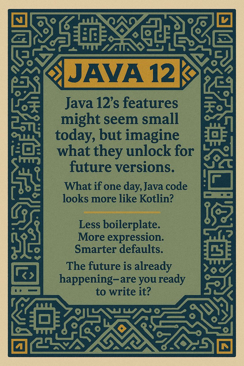 SpagCodeJungle's tweet image. Java 12’s features might seem small today, but imagine what they unlock for future versions.
What if one day, Java code looks more like Kotlin?
Less boilerplate. More expression. Smarter defaults.
The future is already happening—are you ready to write it?
#JavaFuture #Java #coder