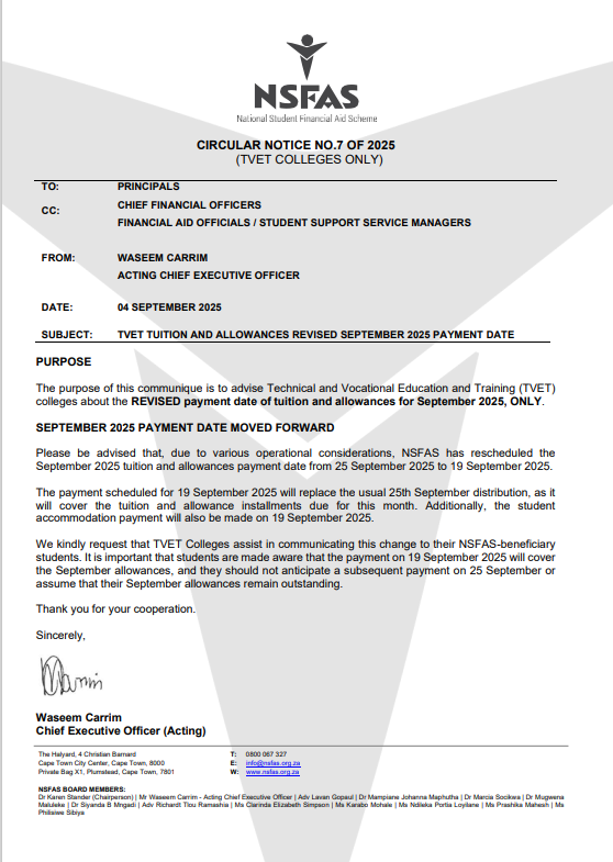 FalsebayCollege's tweet photo. Hey TVET students!
NSFAS has moved the September 2025 payment date forward.
💰 New date: 19 Sept 2025 (not 25 Sept)
📌 This covers ALL tuition, allowances & accommodation for September.
⚠️ No second payment on 25 Sept.
Spread the word! 🙌
#NSFAS #TVETColleges #AllowanceUpdate https://t.co/Ci6iZGh7Oi