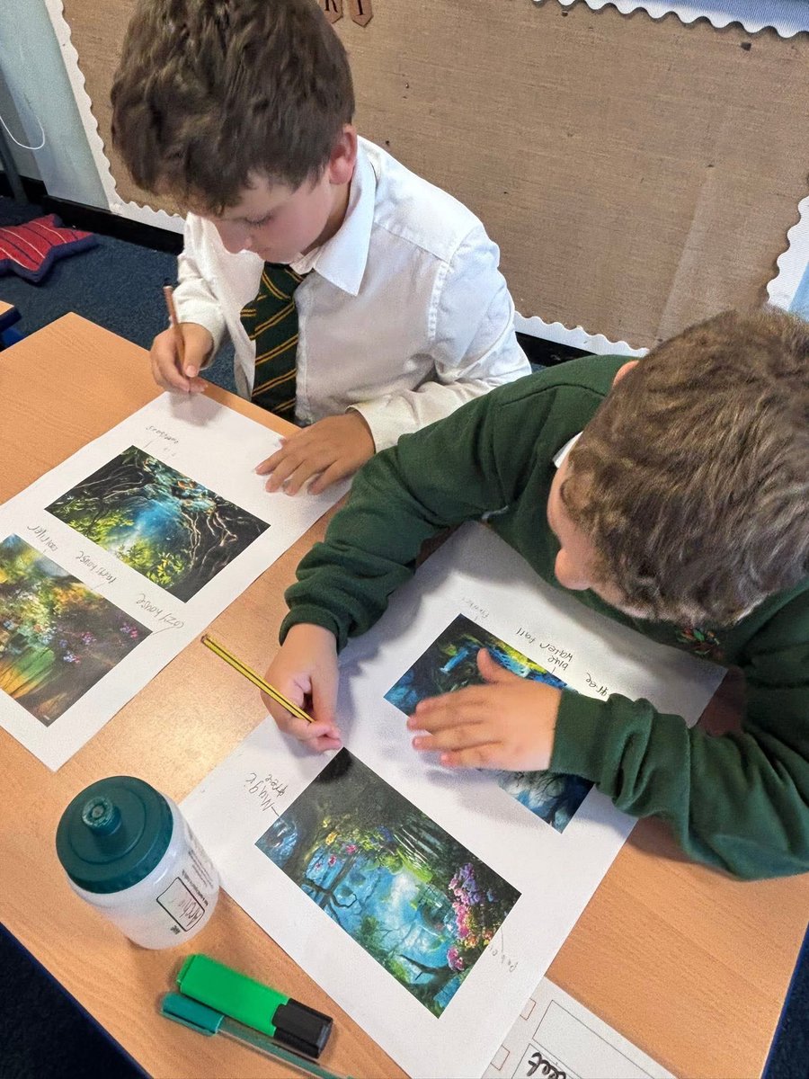 Y4 had a competition, ‘Which table could hashtag the most nouns after being immersed by the images?’ We then used adjectives to describe them to create expanded noun phrases for our setting description. We then joined our ideas with coordinating conjunctions! ✍️ <a href="/3SaintsEnglish/">Natalie Parry</a>