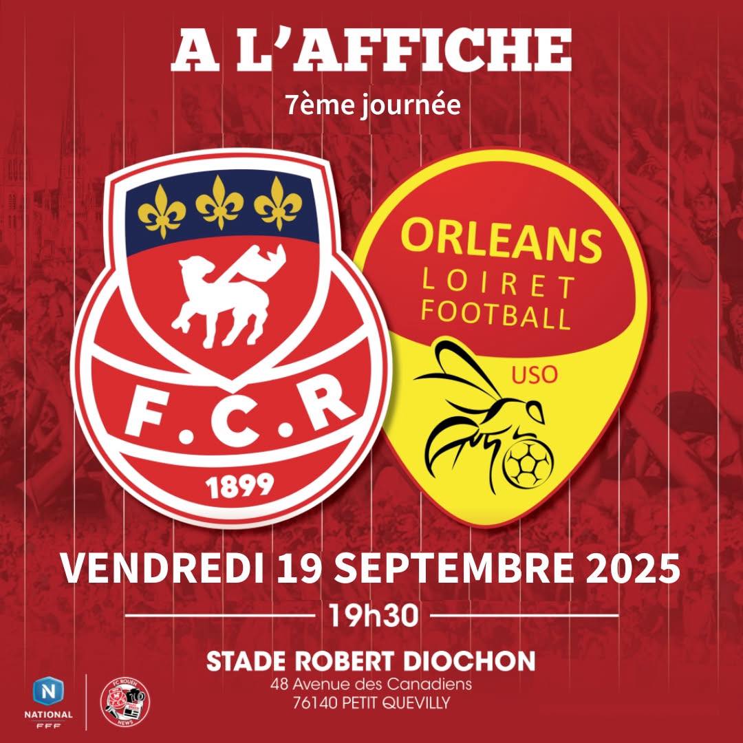 📆 𝗨𝗻 𝗺𝗮𝘁𝗰𝗵 𝗮𝘂 𝘀𝗼𝗺𝗺𝗲𝘁. Le FC Rouen reçoit Orléans dans son antre du stade Robert Diochon. 𝗔𝗹𝗹𝗲𝘇 𝗥𝗼𝘂𝗲𝗻 ! 💪🔴⚪

ℹ️ | 𝗜𝗻𝗳𝗼𝗿𝗺𝗮𝘁𝗶𝗼𝗻𝘀 :
🏆 | 7ème journée National
🏟️ | Stade Robert Diochon 
📺 | Youtube
📳 | #FCRUSO
 
#TeamFCR #Rouen