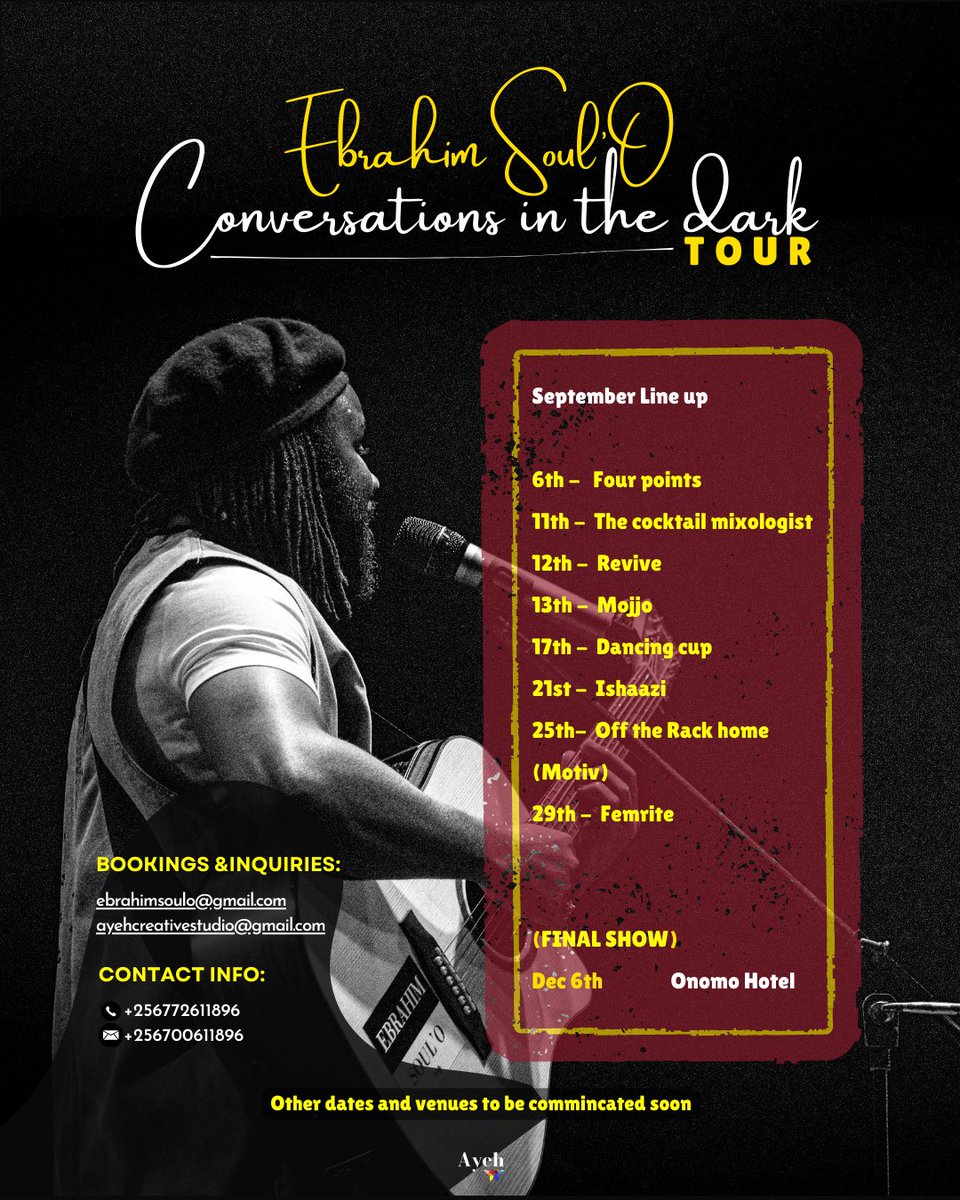 I realise I never added this to the tour poster, it came in a little late. 
So If you’re in Ntinda this evening looking for a plan, I’ll be at cafe pap, shell Ntinda doing a laid back set to wind down the evening. 

Looking forward to seeing you there.