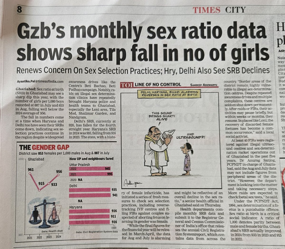AyantikaTOI's tweet photo. #Sex-ratio dips in #Ghaziabad in two months.
Unscrupulous USG centers, illegal sex-determination, female #foeticide, among major reason.
https://t.co/F8tDhrQZib https://t.co/4HVTVQR5HB