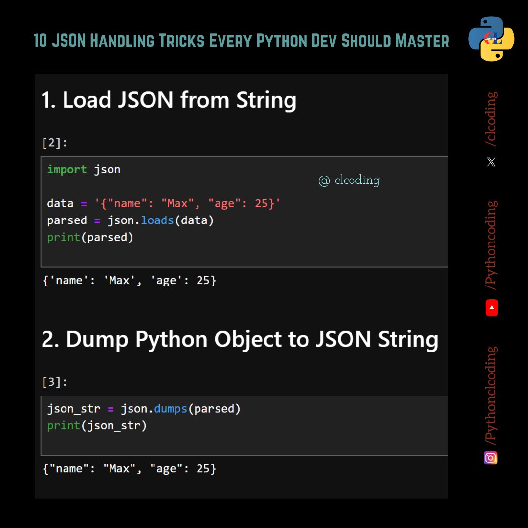 clcoding's tweet image. 10 JSON Handling Tricks Every Python Dev Should Master