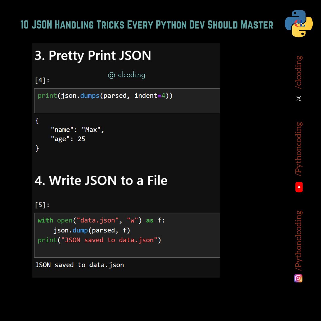 clcoding's tweet image. 10 JSON Handling Tricks Every Python Dev Should Master