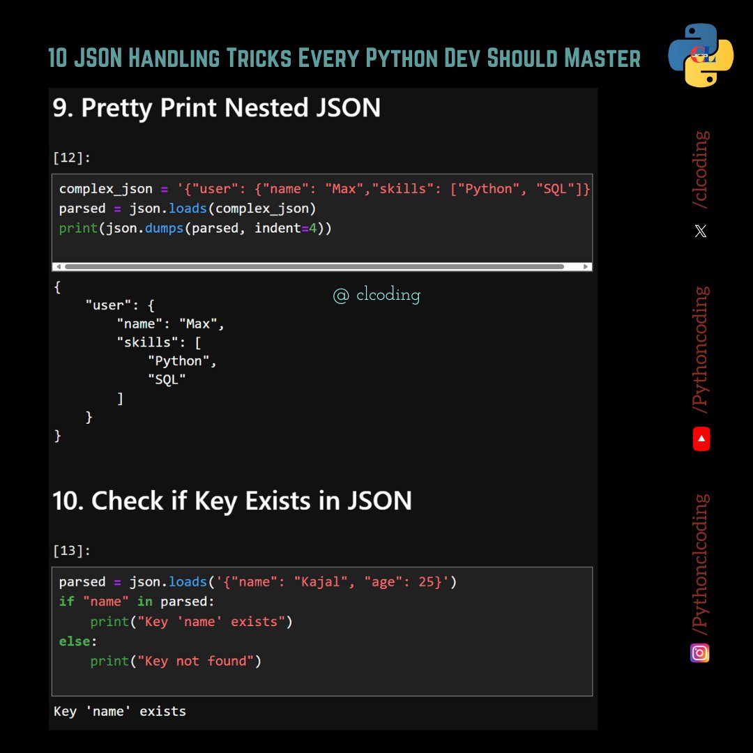clcoding's tweet image. 10 JSON Handling Tricks Every Python Dev Should Master