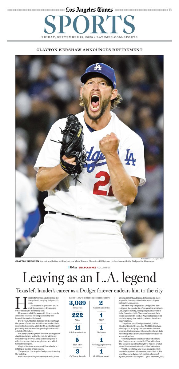 Iliana Limón Romero (@lat_iliana) on Twitter photo An early look at the Friday <a href="/latimes/">Los Angeles Times</a> A1 and sports covers, featuring Clayton Kershaw's big news.
📰Sports cover design by <a href="/timhubbardLAT/">Tim Hubbard</a>
✍️🏽Words by <a href="/BillPlaschke/">Bill Plaschke</a> and <a href="/ByJackHarris/">Jack Harris</a>
More coverage, including outstanding <a href="/GinaFerazzi/">Gina Ferazzi</a> pictures, at latimes.com/sports An early look at the Friday <a href="/latimes/">Los Angeles Times</a> A1 and sports covers, featuring Clayton Kershaw's big news.
📰Sports cover design by <a href="/timhubbardLAT/">Tim Hubbard</a>
✍️🏽Words by <a href="/BillPlaschke/">Bill Plaschke</a> and <a href="/ByJackHarris/">Jack Harris</a>
More coverage, including outstanding <a href="/GinaFerazzi/">Gina Ferazzi</a> pictures, at latimes.com/sports