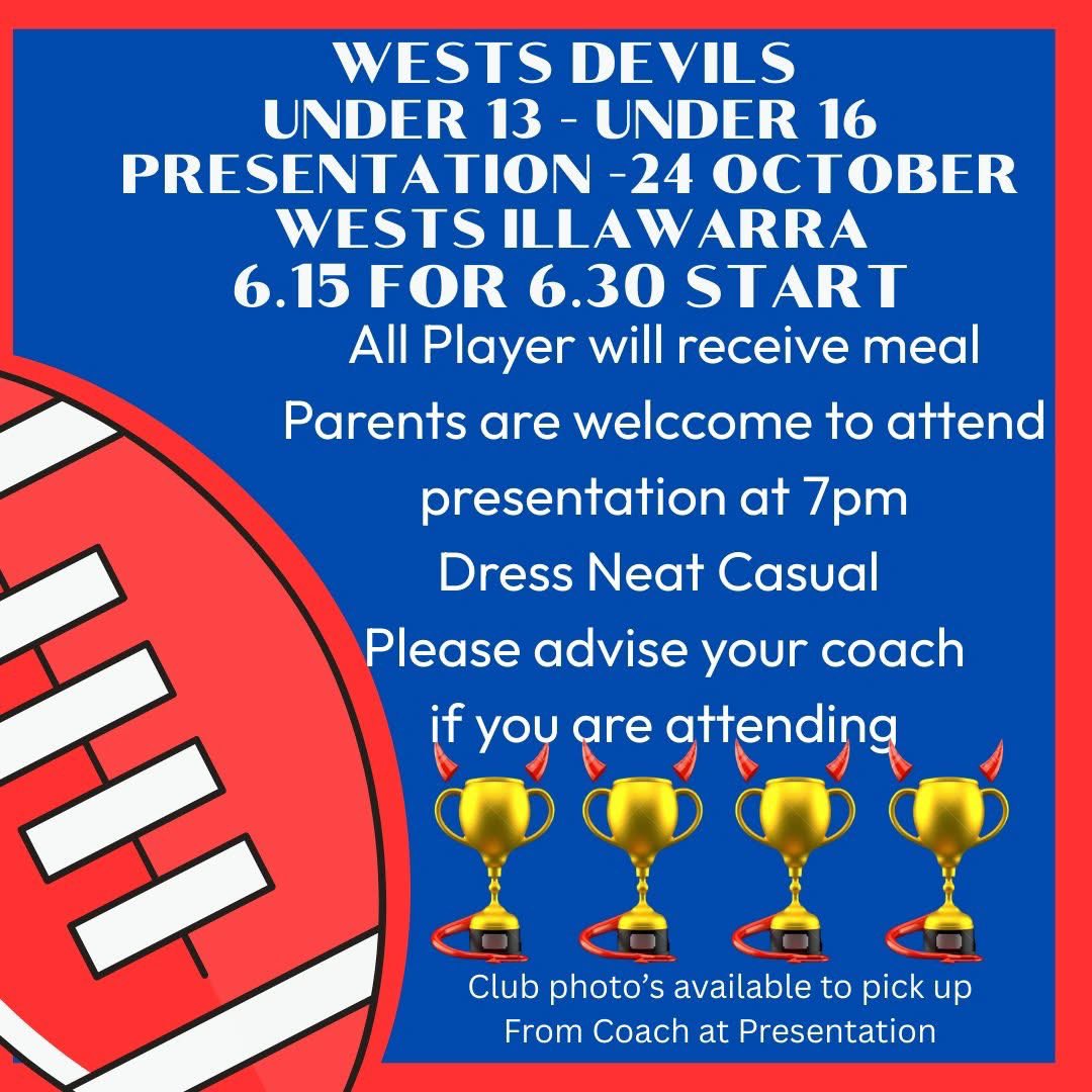 westsdevils's tweet image. Hi Junior Devils.

Please see flyer for the U/13-U/16 Junior Devils Presentation.

Can you please advise your coaches if you can attend on the 24 October.

Hope to see you there.