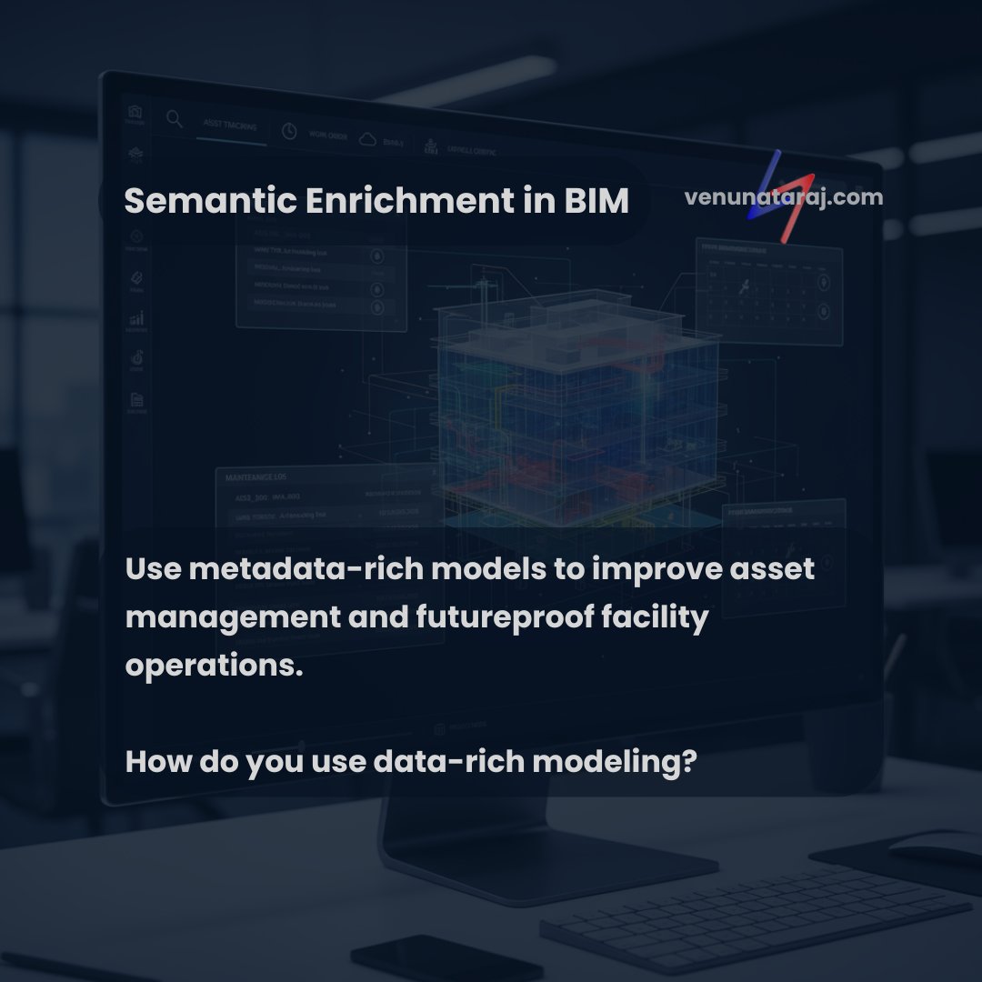 venunataraj's tweet image. ⚡️BIM Tip:
Explore semantic enrichment in BIM:
Use metadata-rich models to improve asset management and future-proof facility operations.
How do you use data-rich modeling?
#BIMTips #DataDrivenDesign #VenuNataraj #AssetManagement