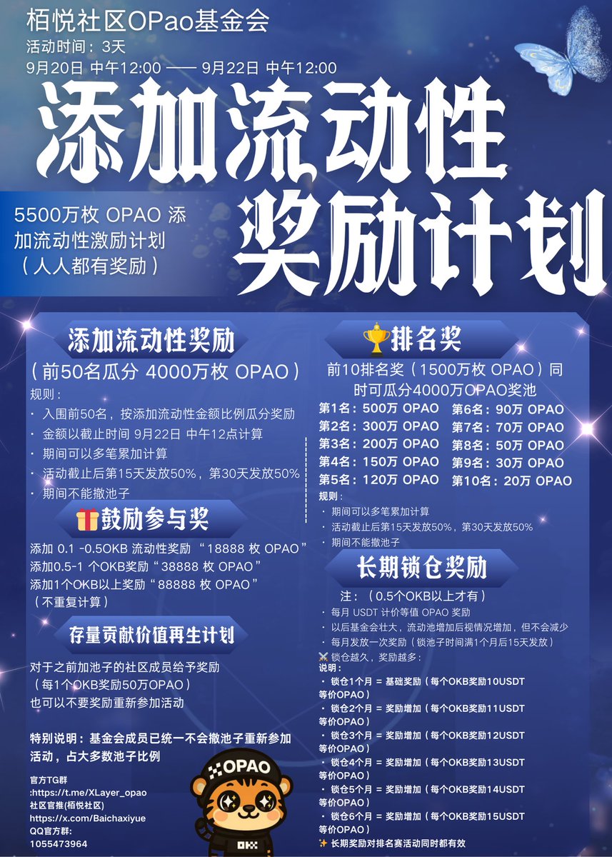 🚀【OPAO 流动性誓师大会】🚀

兄弟们！机会来了！
🔥 重磅 5️⃣5️⃣0️⃣0️⃣万枚 OPAO 激励计划全面开启！

💎 前五十名战士，平分四千万 OPAO！
📅 时间只有三天：9月20日 中午12点 —— 9月22日 中午12点！

这是我们 OPAO 崛起的第一战！
池子越强，币价越稳，市值越高！
我们要让 OPAO 一飞冲天，目标直指