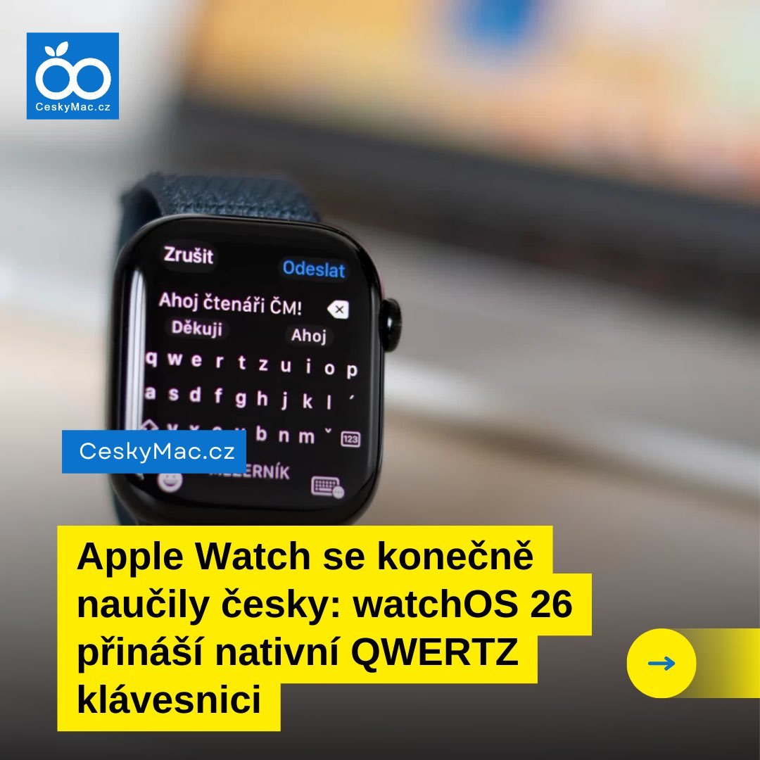 CeskyMac's tweet image. 🚀 watchOS 26 konečně učí Apple Watch česky!
Nativní QWERTZ klávesnice – tahové psaní, predikce českých slov a psaní už přímo ze zápěstí.  

Už jste testovali? Jaká byla vaše první zkušenost?

ceskymac.cz/apple-watch-se…

#watchOS26 #AppleWatch #Čeština #QWERTZ