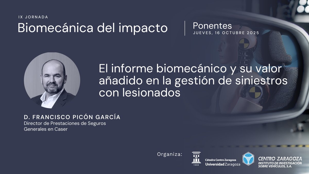 📣 Seguimos presentando a los ponentes de la IX Jornada de Biomecánica del Impacto.

🔍 Francisco Picón destacará la importancia de aplicar el análisis biomecánico para tomar decisiones más objetivas y alineadas con la realidad del accidente.

🗓️ 16/10/25 -Paraninfo  <a href="/unizar/">Universidad Zaragoza</a>