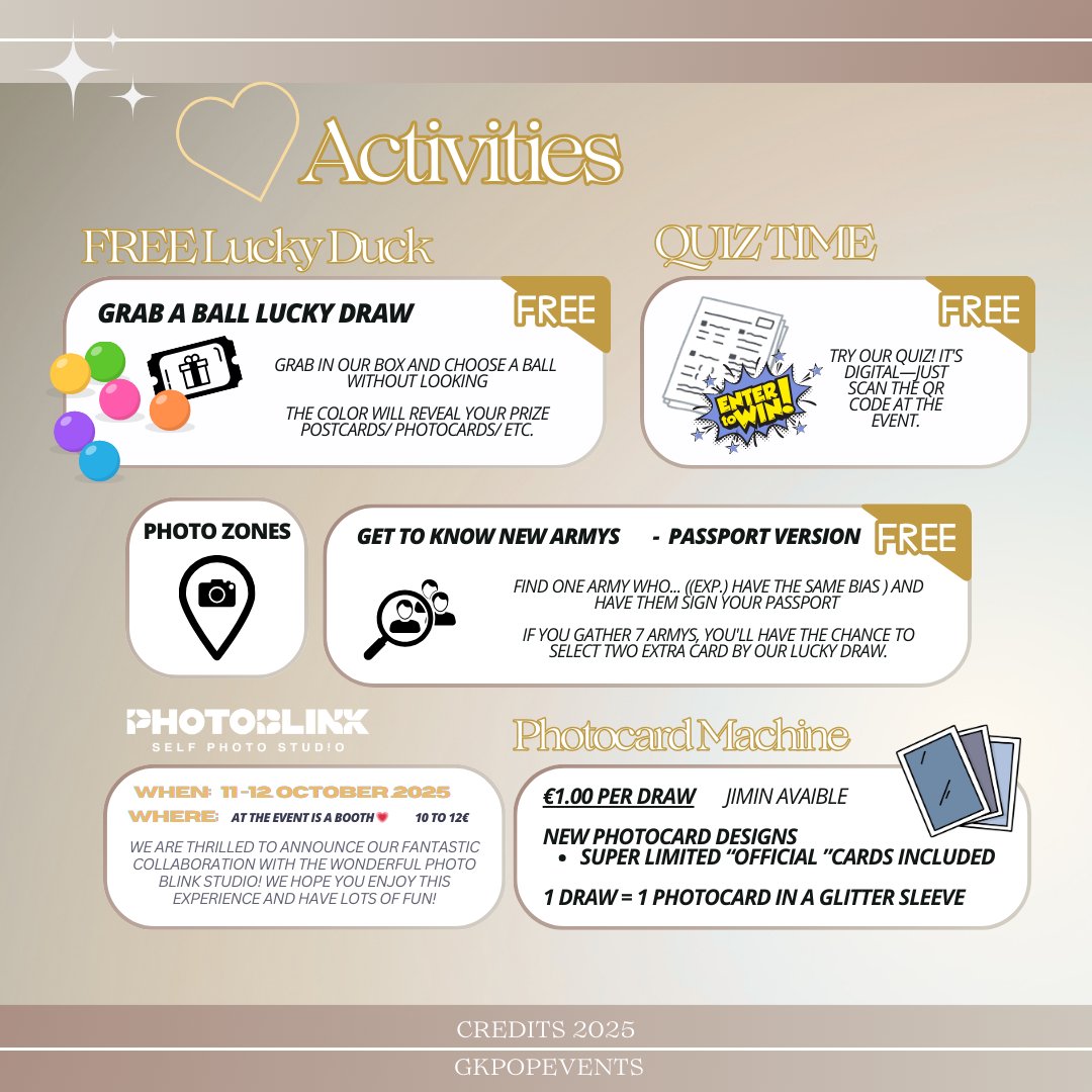 #happyjiminday 🌸 in Berlin

11-12.10.2025
🥤TŮDO Tea - Alexander 
Get Freebies for each slot + drink 

Slot registration will open soon
gkpopevents.com

We have different sets for sale and also activities you can join to get even more freebies/gifts ✨️

See you soon !!