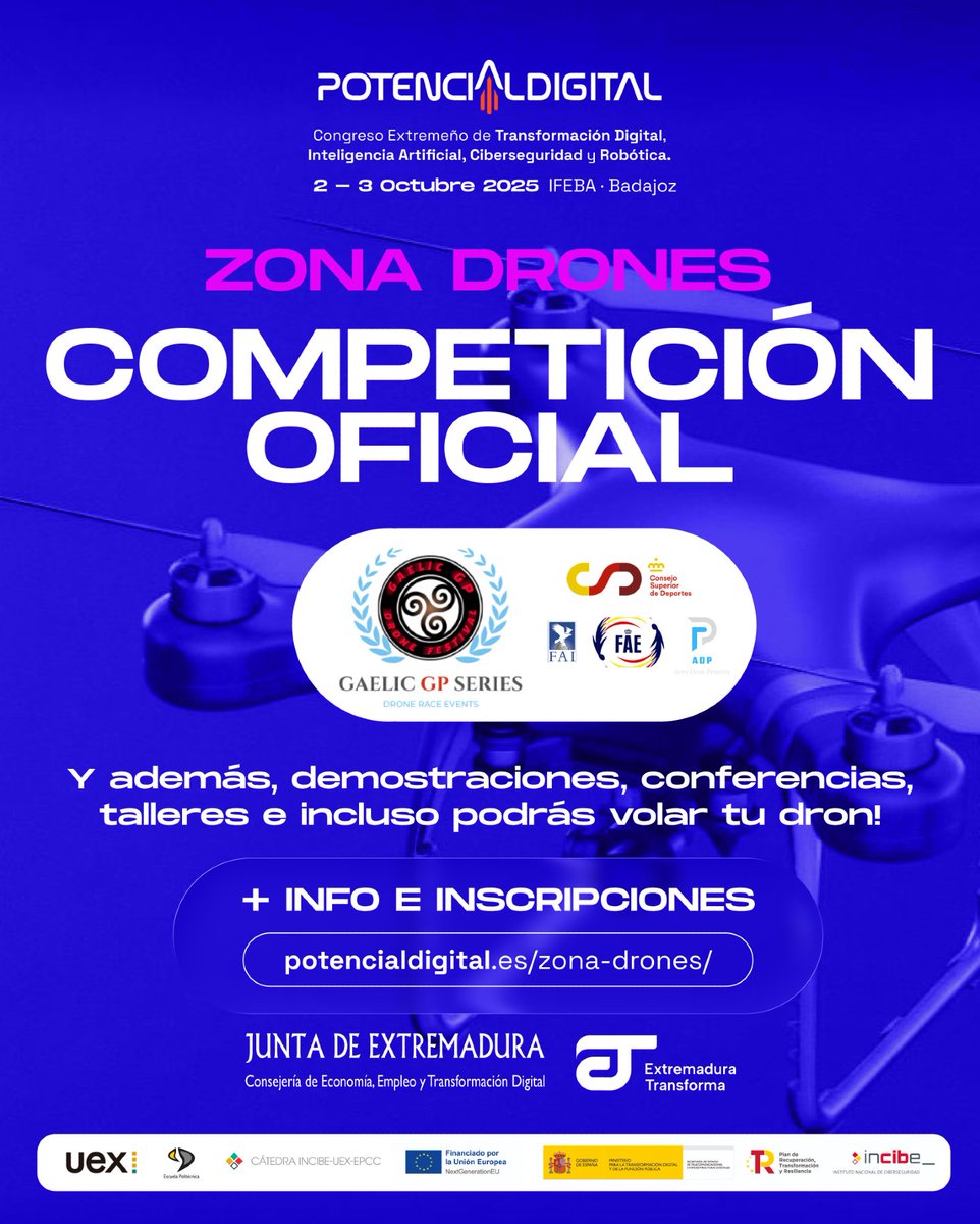 Potdigitalext's tweet image. 🚁 ¿Listo para despegar?
En la Zona Drones de Potencial Digital 2025 vivirás una experiencia aérea única: talleres, simuladores, vuelos libres y hasta un circuito profesional para volar tu propio dron.

Y eso no es todo: acoge el Campeonato de España por Equipos y Relevos, con…