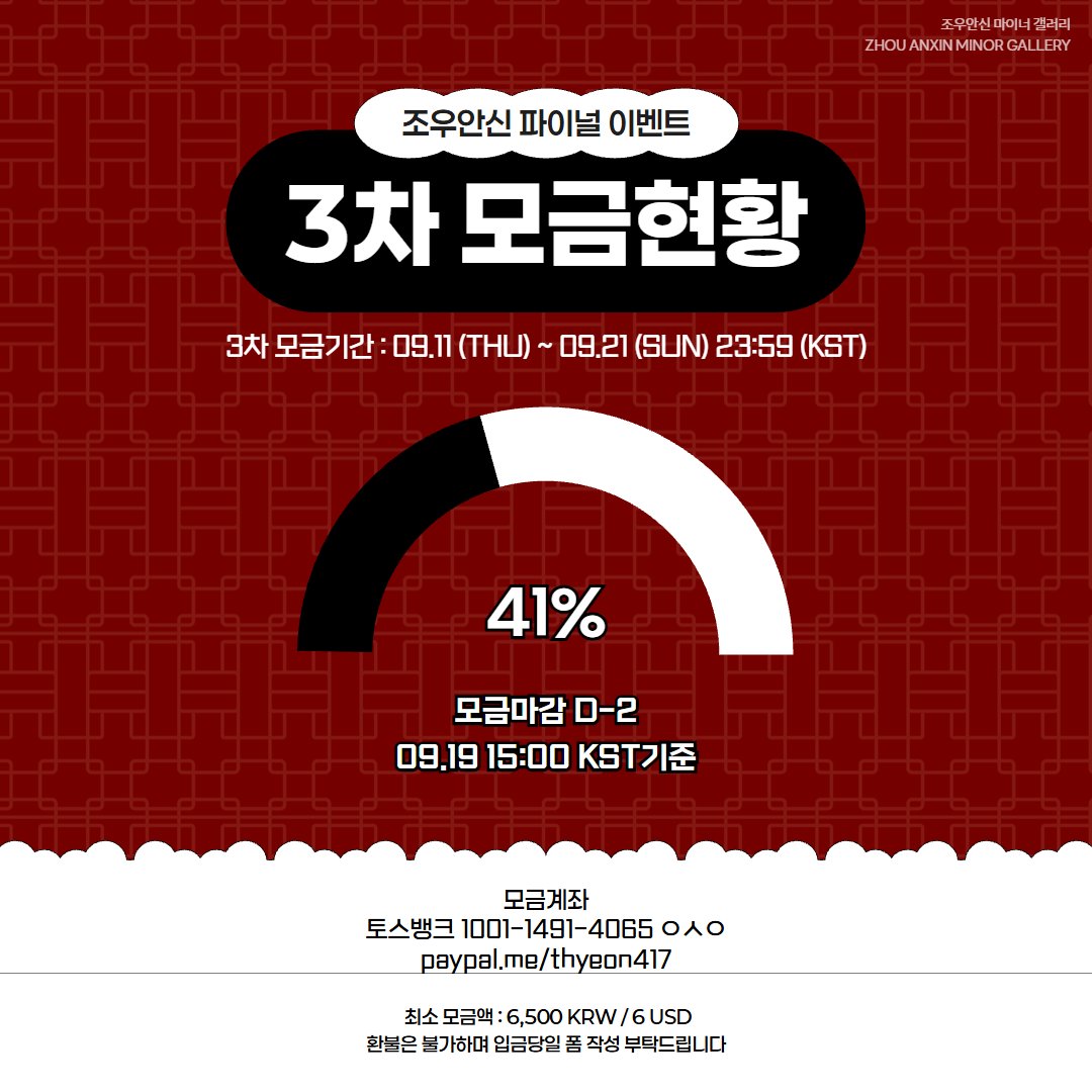 파이널 이벤트 3차 모금 현황 안내 (2025.09.19 15:00 KST 기준) ‼️41% 달성‼️ 📣모금 마감 D-2 안심단  비상🚨 하루동안 모금현황이 단 1️⃣%조차 오르지 않았습니다! 파이널 이벤트가 시작되었다고 모금이 종료된 것이 아닙니다⚠️ 파이널  1차투표에