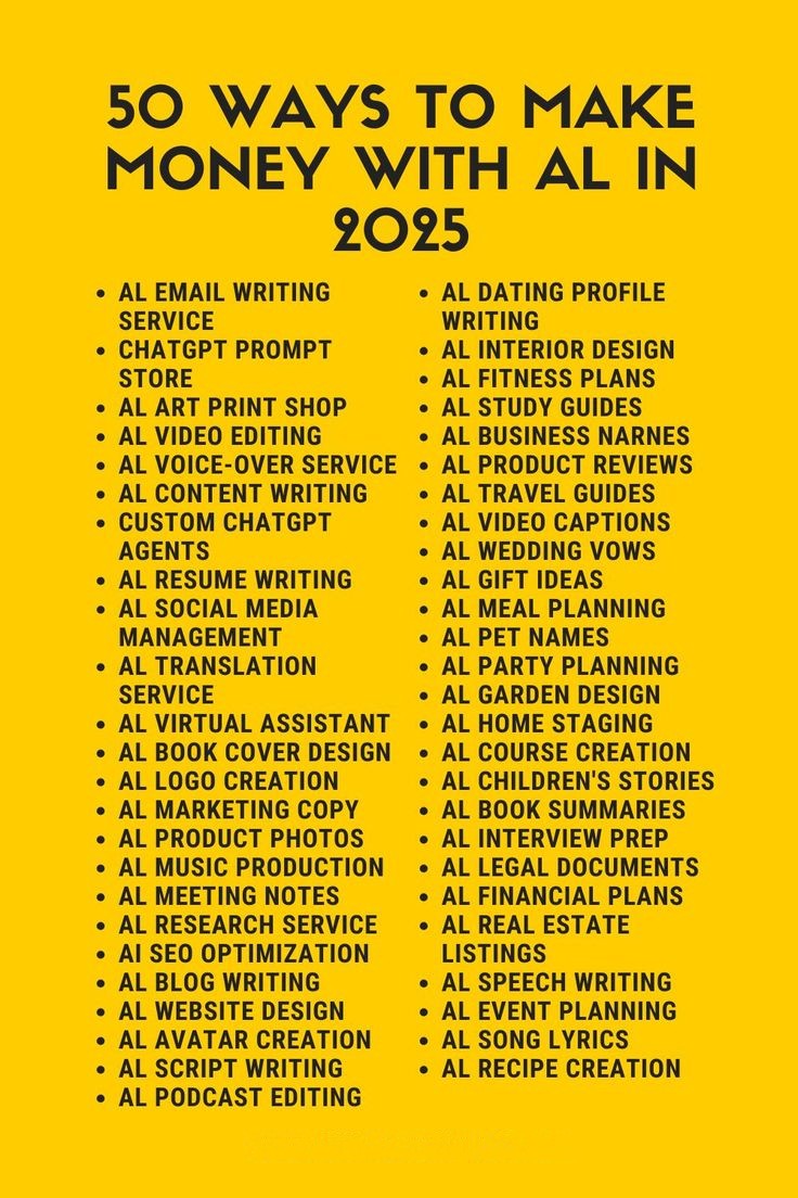🚀 50 Ways to Make Money with AI in 2025 💰

From AI content writing to podcast editing, prompt stores to legal docs — this is your ultimate cheat sheet to earn with AI tools.

I'm giving it away FREE! 🔥

To Need it:
I DM to You

1️⃣ Like
2️⃣ Repost 🔁
3️⃣ Comment “AI”
4️⃣ Follow