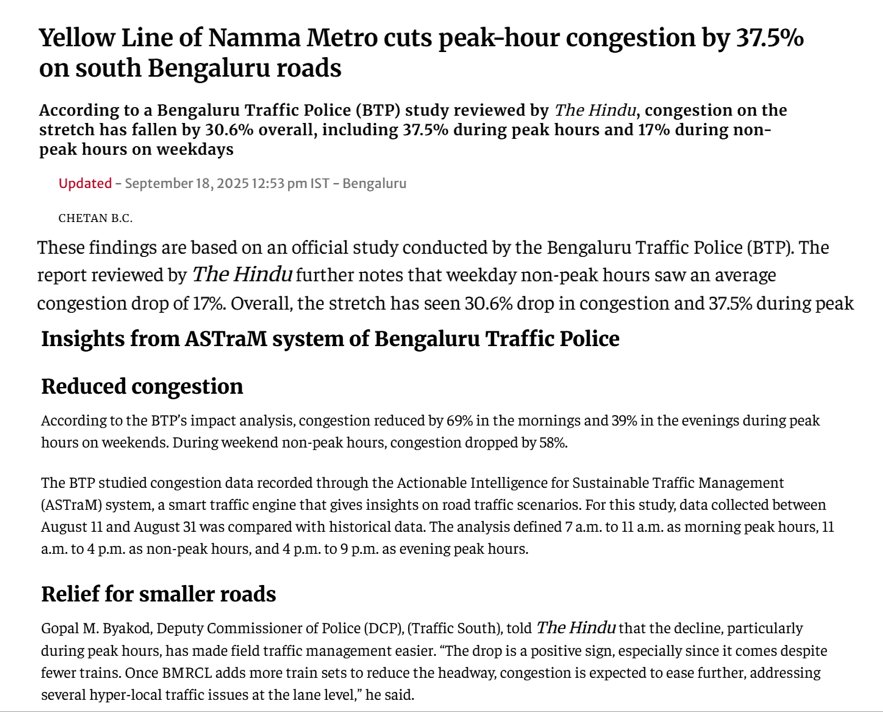Tejasvi_Surya's tweet image. A massive 37% drop in congestion after the launch of the Yellow Line Metro showcases yet again how mass public transport is the most effective solution for easing traffic congestion in Bengaluru.
And this is with just 4 trains running at a 19-minute frequency.
Imagine the…