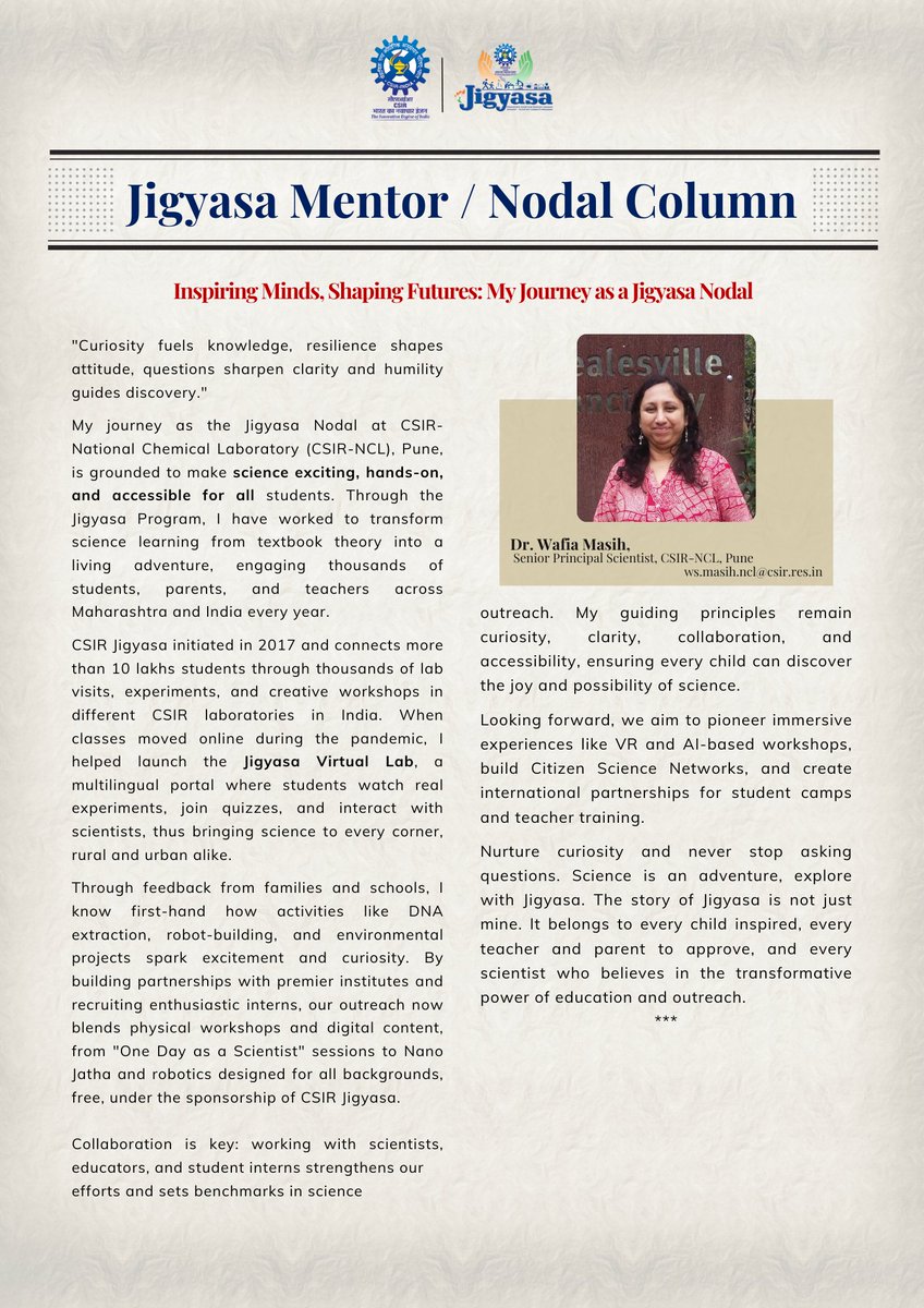 CsirJigyasa's tweet image. From #lab #visits to virtual #experiments  — Dr. Wafia Masih’s Jigyasa journey shows how #science can be hands-on, #fun &amp;amp; for everyone!

Catch her story in the recent #CSIR #Jigyasa #August #Newsletter!
jigyasa-csir.in/assets/img/new…

#CSIRJigyasa #InspiringScience #CuriosityInAction