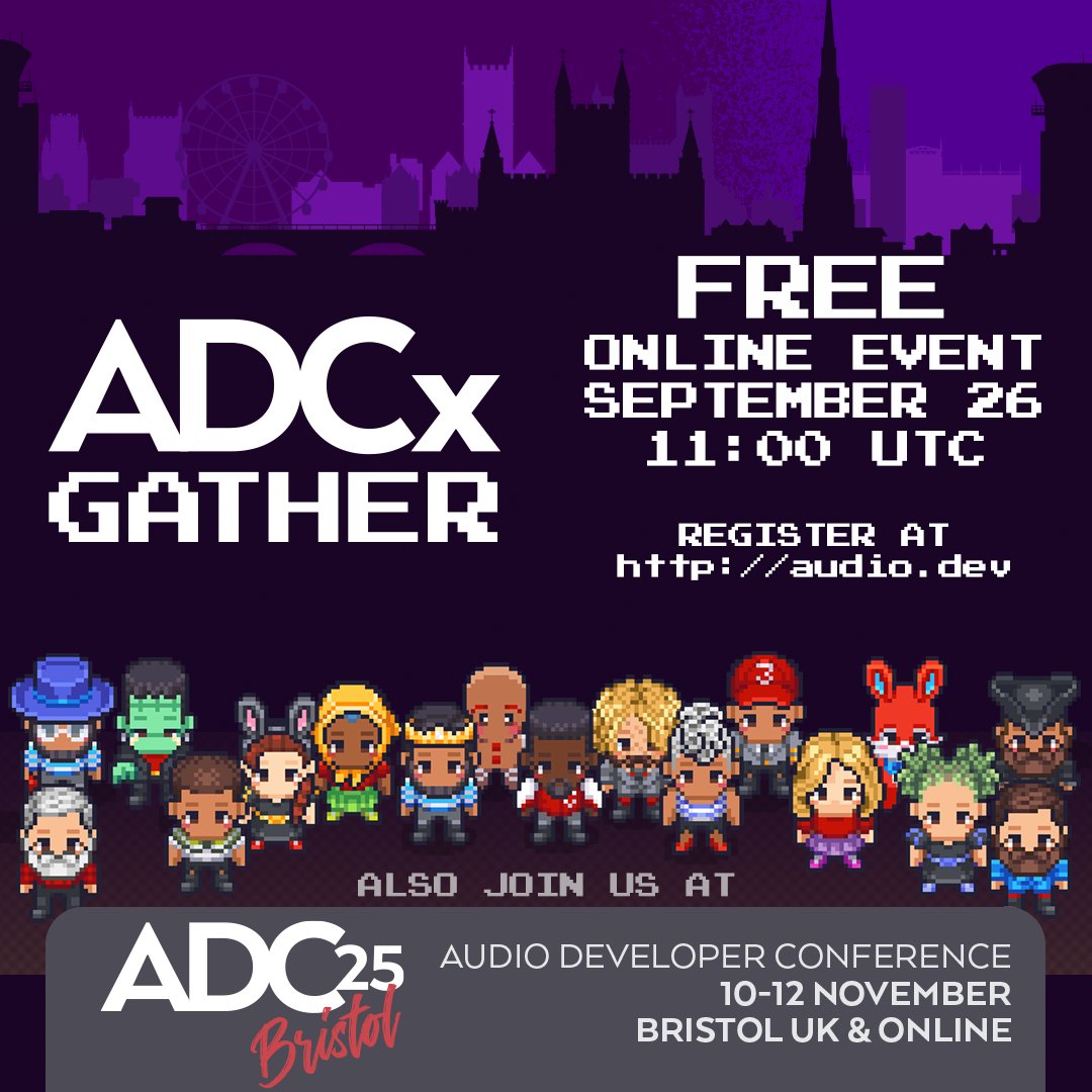 audiodevcon's tweet image. 🤝 Meet the audio dev community at ADCx Gather – Sept 26!
A one-day FREE online event hosted in @gather_town
• Talks
• Posters
• Meetups
• Pub quiz
• Discord
Registration Required:
audio.dev/adcx-gather-in…
#audio #developer #programmer #programming #coding #community