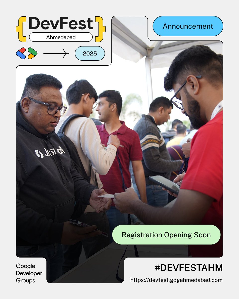 The countdown is on—registrations will be opening soon!
Think speed runs, not strolls 🏃‍♂️
Only the fastest fingers will lock in their spot.
Ready to claim your ticket before they vanish? 👀Stay tuned.
#DevFestAhm #GDGAhmedabad #DevFest2025 #DevFest