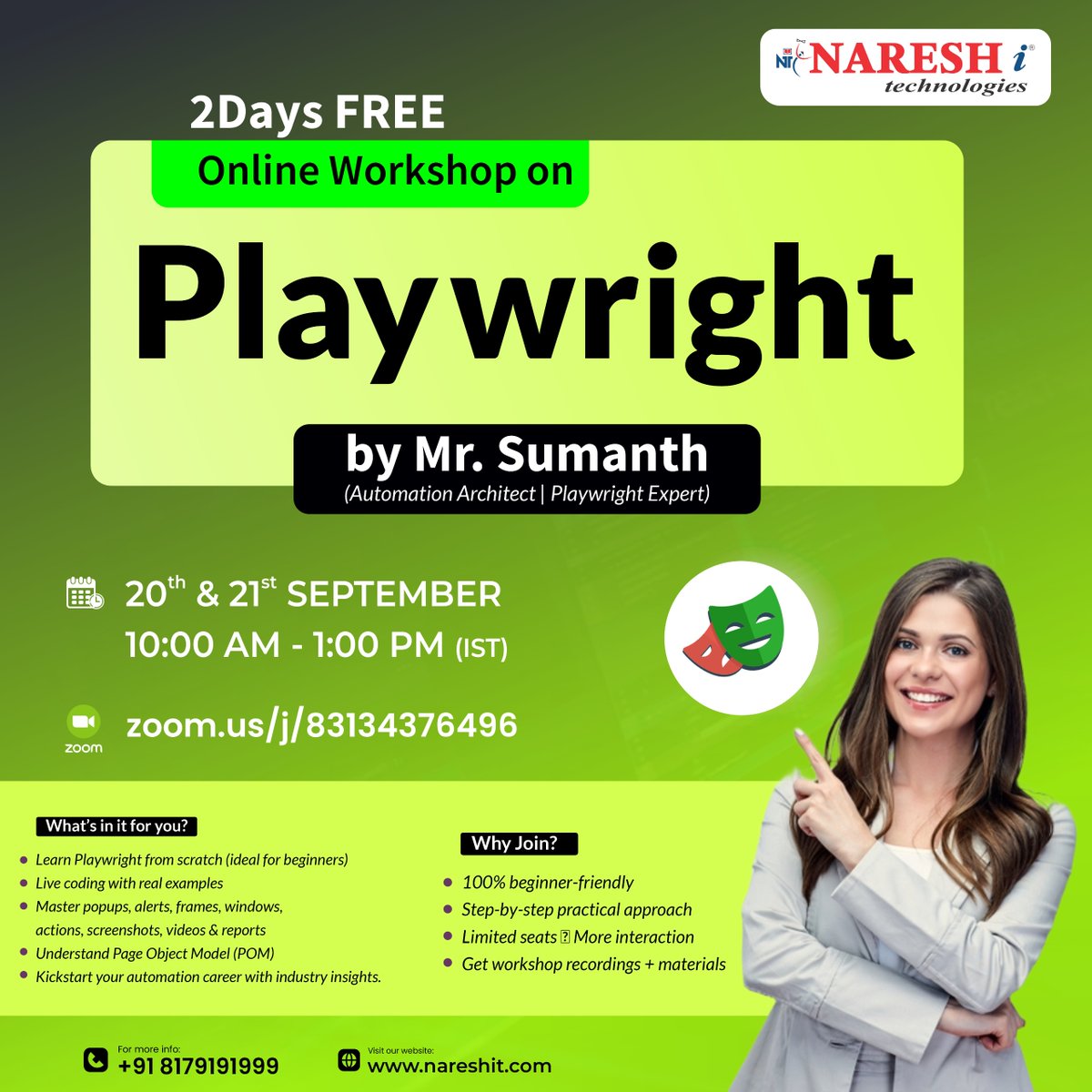 nareshitech's tweet image. 🚀 2 Days FREE Online Workshop on Playwright 🚀
🔗 Register Now: t.ly/FWSPW-20SE
📅 Date: 20th & 21st September2025
🕙 Time: 10:00 AM – 1:00 PM (IST)
🎓 Trainer: Mr. Sumanth 
#NareshIT #PlaywrightWorkshop #AutomationTesting #Playwrigh #FreeWorkshop