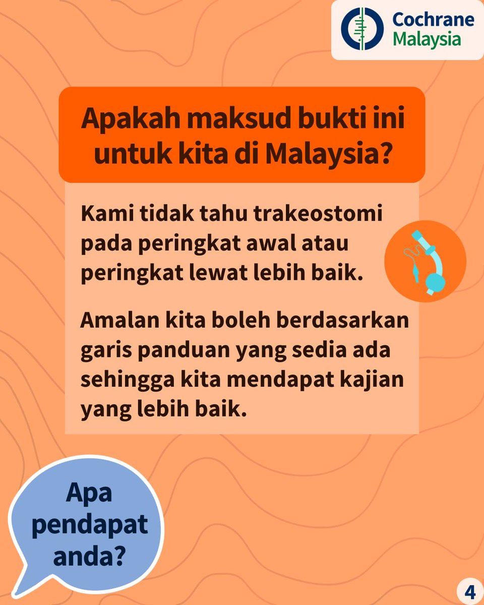 ✨Ulasan baharu
📜Apabila pesakit dewasa yang mengalami lebih daripada satu kecederaan yang mengancam nyawa memerlukan trakeostomi, adakah prosedur ini lebih baik dilakukan lebih awal atau kemudian?
📊23 kajian dengan 44,871 orang
📌cochrane.org/ms/node/11378

#CochraneMalaysia