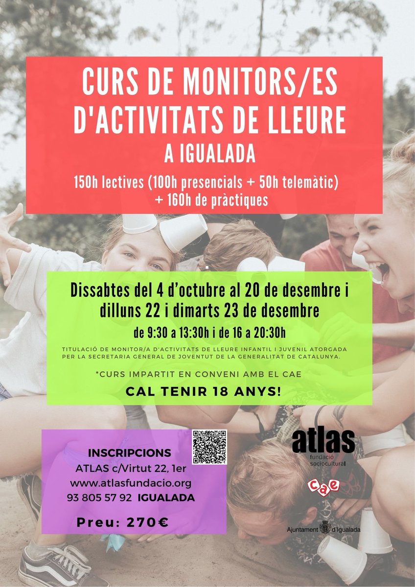 Aquesta tardor nou curs #monitoreslleure No te'l perdis! Si t'agrada el món del lleure forma't i treballa el pròxim estiu!!! #ATLAS #igualada