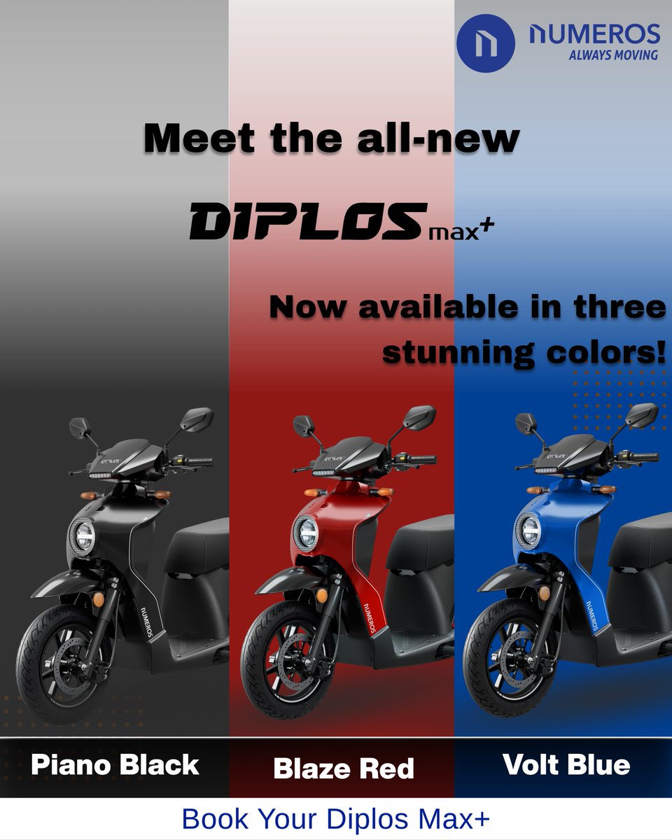 Music in Black.
Electric in Blue. 
Fierce in Red.

The Diplos Max+ is here in three stunning in new colors.
Ready to take your pick?

Book a test ride today. 
numerosmotors.com/diplos-max-plu…

#NumerosMotors #AlwaysMoving #DiplosMaxPlus #EV #BookNow