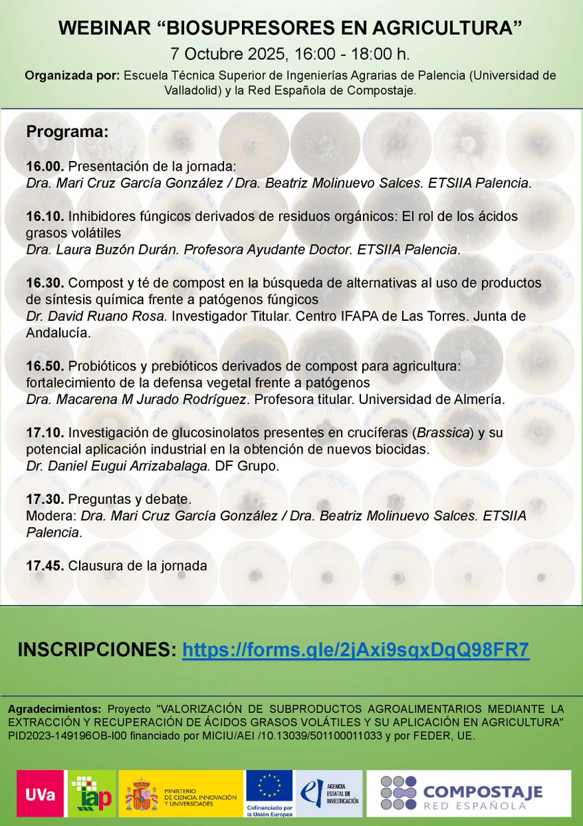 Máster Residuos UMH (@mresiduosumh) on Twitter photo El próximo 7 de octubre, de 16:00 a 18:00h, tendrá lugar el Webinar titulado «Biosupresores en agricultura» Esta actividad está organizada por la <a href="/ETSIIAA/">E.T.S.II.AA Palencia</a> (Universidad de Valladolid) y la <a href="/red_espanola/">Red Española de Compostaje (Oficial)</a> Inscripciones: tinyurl.com/mr3h4p6w El próximo 7 de octubre, de 16:00 a 18:00h, tendrá lugar el Webinar titulado «Biosupresores en agricultura» Esta actividad está organizada por la <a href="/ETSIIAA/">E.T.S.II.AA Palencia</a> (Universidad de Valladolid) y la <a href="/red_espanola/">Red Española de Compostaje (Oficial)</a> Inscripciones: tinyurl.com/mr3h4p6w
