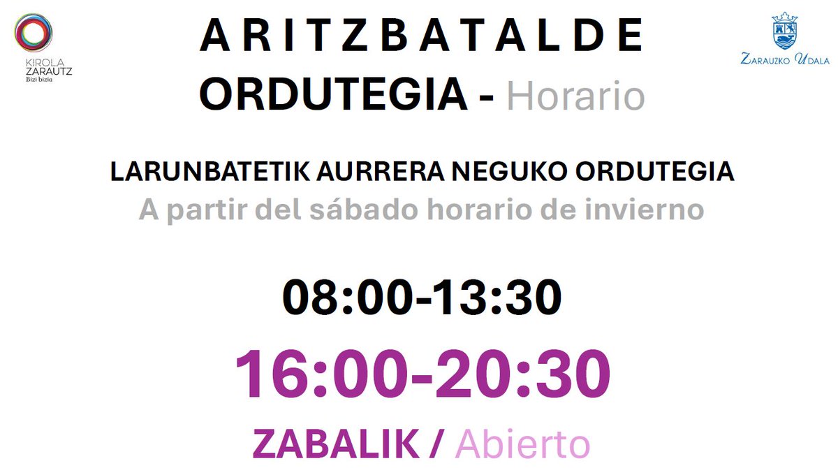 ARITZBATALDE LARUNBAT ARRATSALDEZ ZABALIK 
🏋️‍♀️🏊‍♀️🧘‍♀️🚴

Behin uda igarota, bihartik aurrera larunbat arratsaldeetan 16:00-20:30 bitarte zabalik izango duzu.

Una vez finalizado el verano, desde mañana los sábados a la tarde de 16:00 a 20:30 permanecerá abierto.

Gu prest, ZU?🤸‍♀️🤸‍♂️