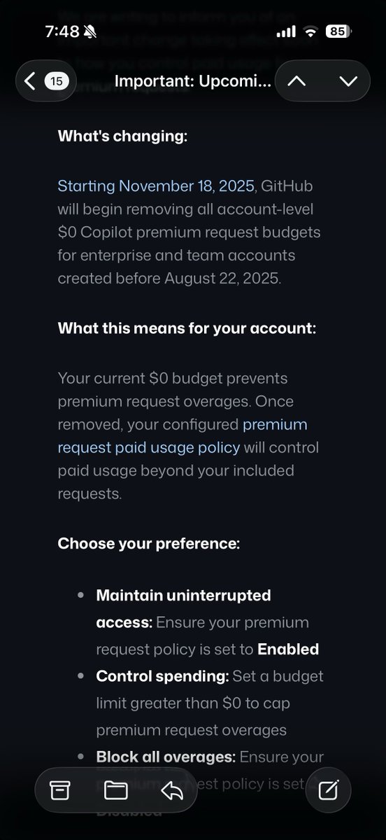 Joolz's tweet image. I see that @github just likes to go full dark pattern now. Good to know. Look I love AI tooling but let’s not resort to horrid dark patterns of getting to charge more. Not okay.