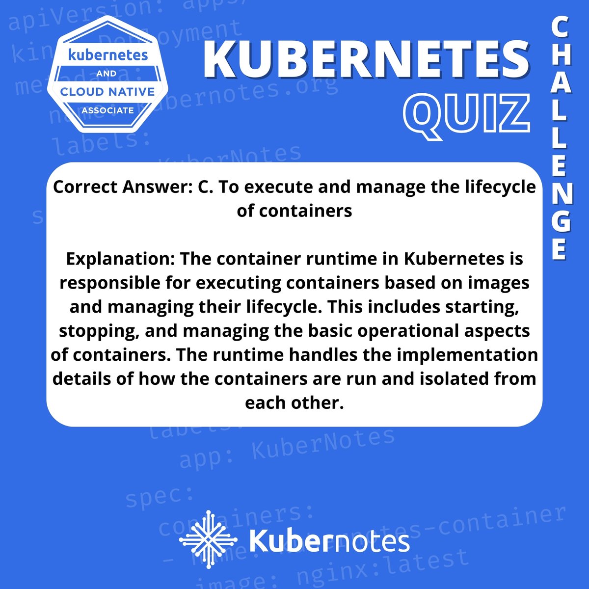 Kubernotes_'s tweet image. 🌍 OFFICIAL WEBSITE: kubernotes.org

KCNA QUIZ TIME 🚀

💬 Drop your answer in the comments &amp;amp; tag a study buddy!

#Kubernetes #KCNA #CloudNative #DevOps #K8s #Containers #ITCertification #ExamPrep #KCNAExam #CloudEngineering #StudyWithMe #LearnKubernetes #DevOpsEngineer