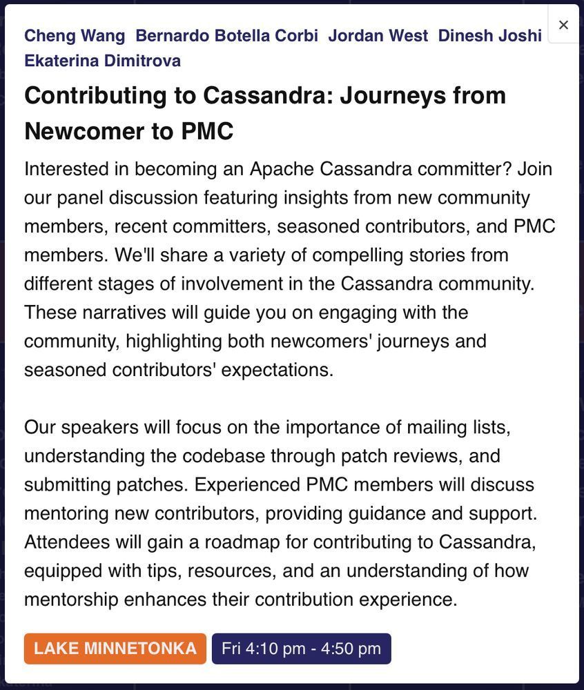 cassandra's tweet image. bsky.app/profile/cassan… 

Learn from the best…
&quot;Contributing to Cassandra: Journeys from Newcomer to PMC&quot;

with Cheng Wang, Dinesh Joshi, Ekaterina Dimitrova, Bernardo Botella Corbi, Jordan West