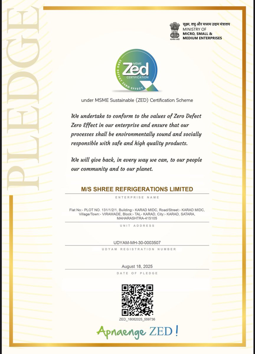 sangeethmt's tweet photo. 🚨Shree Refrigerations Ltd. has received their ZED GOLD Certificate from MINISTRY OF MSME; after surveillance audit.
⛴️This goes to demonstrate SHREE’s commitment to Quality and Sustainability.
🚢Shree Refrigeration
#SuperBullPick #ZEDCertified
Not a buy/sell recommendation https://t.co/Fgx2bCv8SQ