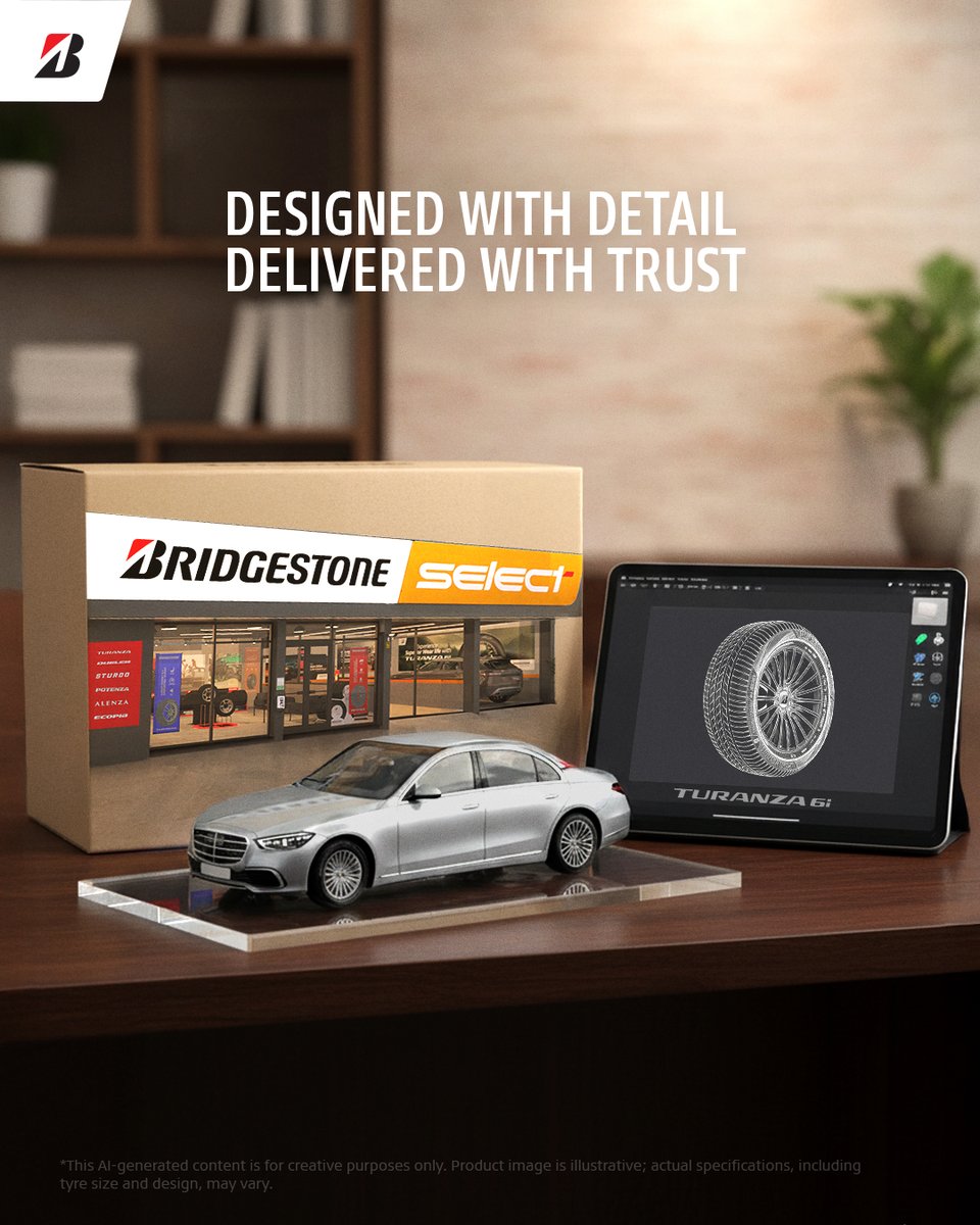 Precision in design, trust in every turn. Experience the art of tyres at Bridgestone Select - where every detail drives confidence.

#Bridgestone #BridgestoneIndia #Tyres #AI #Trend