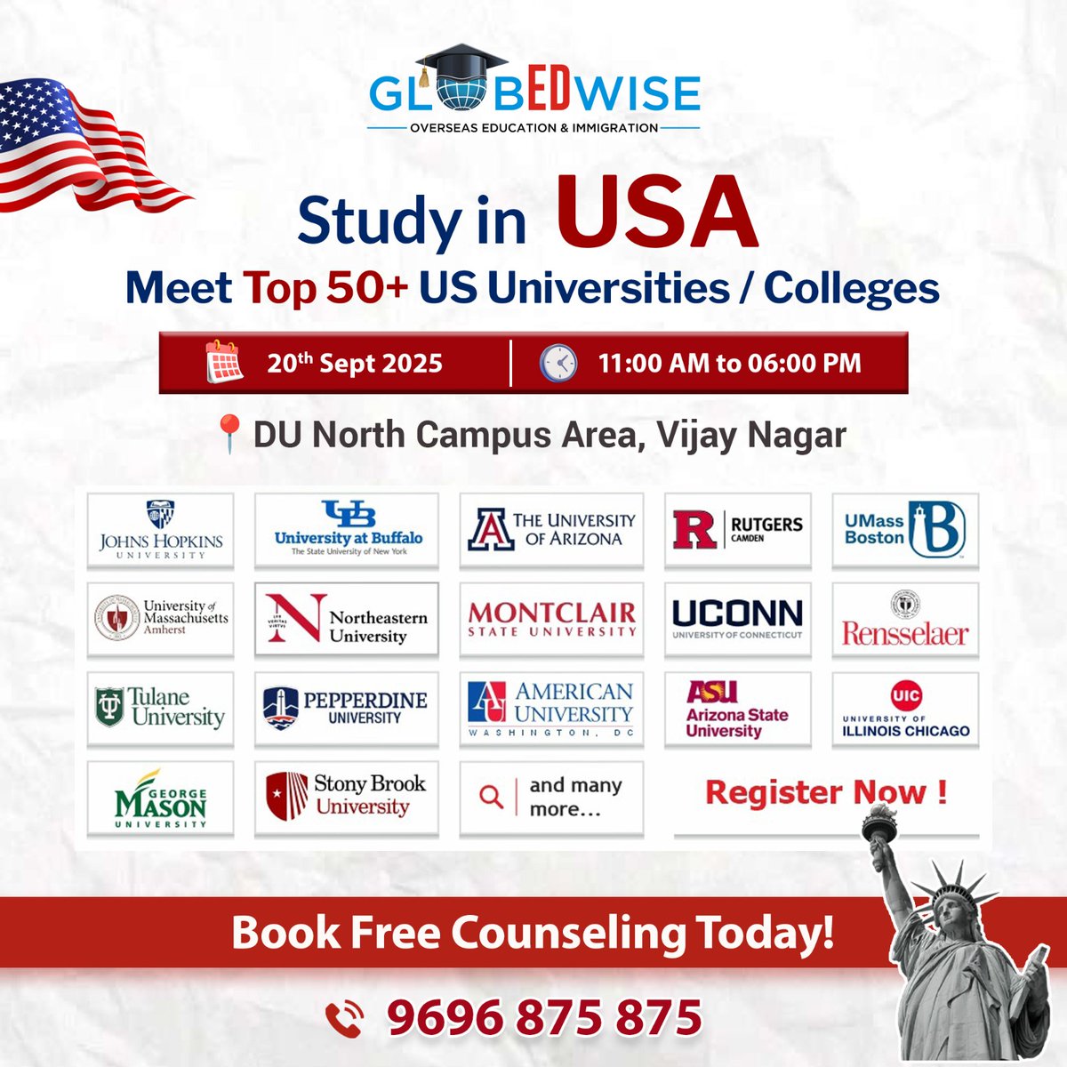 globedwise's tweet photo. 🎓 Dream of studying in the USA? 🇺🇸
Meet reps from 50+ Top US Universities at our Education Fair! 🌍✨

📅 20 Sept 2025 | 🕚 11 AM–6 PM
📍 DU North Campus, Vijay Nagar

✅ Free Counseling | 🎯 Scholarships Guidance

👉 Register Now!
📞 9696 875 875 https://t.co/xxaTXIDvNg
