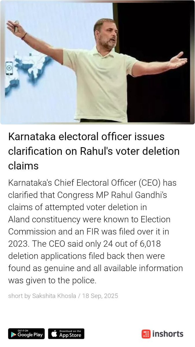 NakhataRam's tweet photo. जो हल्ला नेता विपक्ष कल अपनी प्रेस कांफ्रेस में कर्नाटक की आनंद सीट के 6018 वोटों को हटाने की बात उदाहरण के तौर पर जोरशोर से कर रहा था, वह एक घिनौना प्रोपेगैंडा मात्र था, यह इस न्यूजकैप्सन में कर्नाटक के CEO के बयान से सिद्ध है. @PMOIndia @JPNadda @arjunrammeghwal @madanrrathore https://t.co/CqimxiEstE