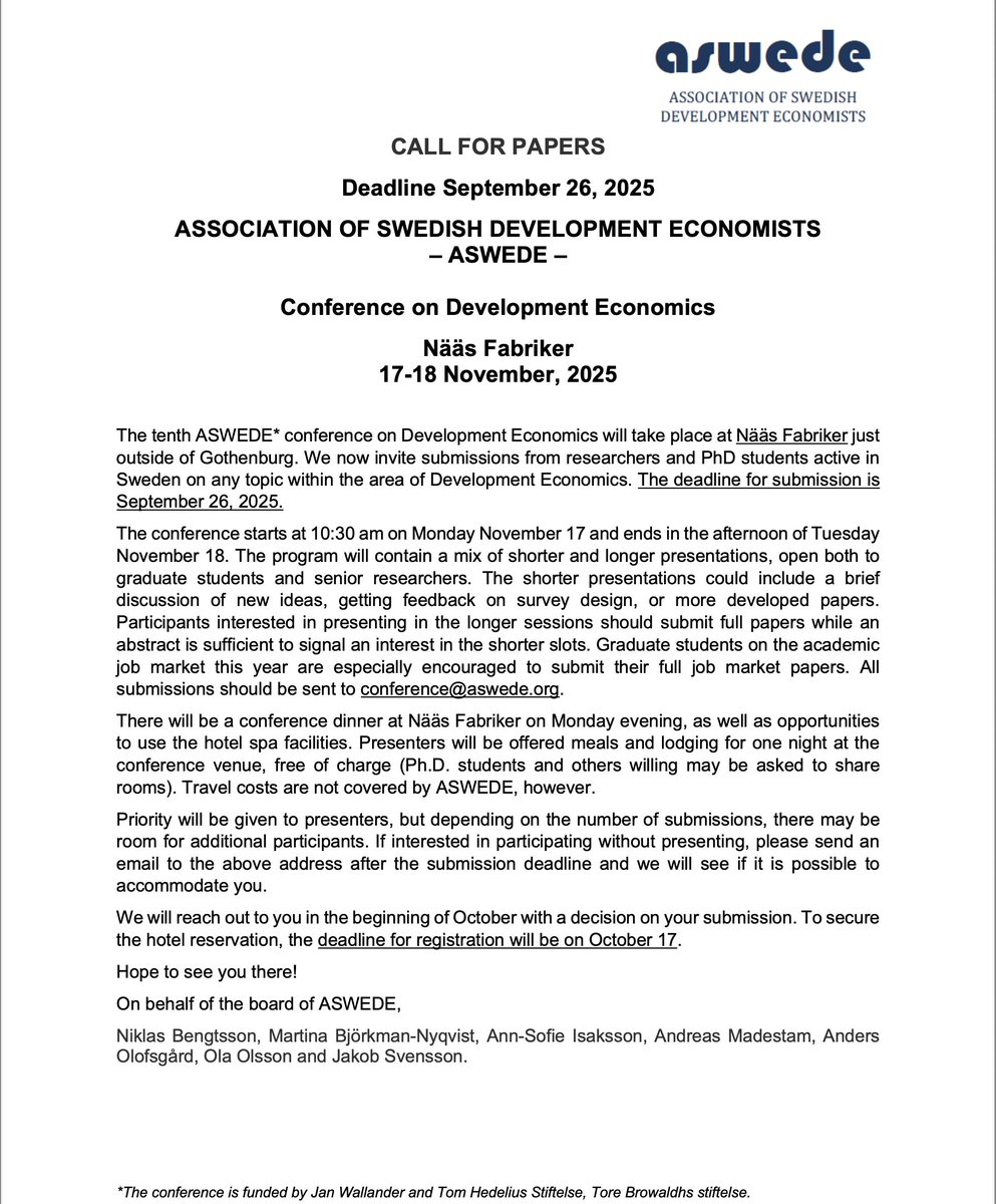 aswede_org's tweet image. Join us for ASWEDE's 10th annual conference in Development Economics! November 17-18 at Nääs Fabriker, outside Gothenburg. Submission deadline in one week: September 26. Open to PhD students and senior researchers. Details below. #ASWEDEConference #DevelopmentEconomics