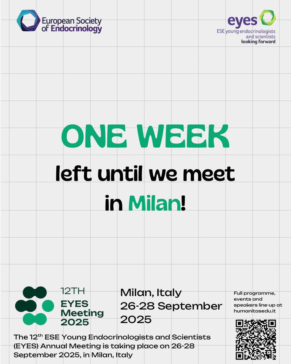 EYEScientists's tweet image. 7 days to go until one of the greatest event for early career investigators in endocrinology! Milan awaits 🇮🇹

@ESEndocrinology
 @waltervena4 @juanma_jv22 @KSaravinovska @AltieriBarbara Jonathan Mertens @Julia1Beck @ZibarKarin @ClaraLazzaretti @FranCostantino5