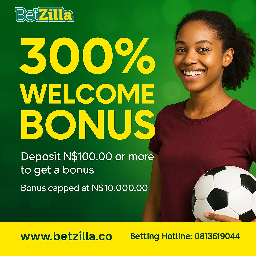 betzillanam's tweet photo. ⚡Kick off your sports betting winning streak with BetZilla!⚡
We’re giving you a MASSIVE 300% Welcome Bonus 🤯🔥
👉 Deposit just N$100.00 or more and watch your bonus grow! 💰💸
Don’t just bet… bet BIG with BetZilla! 🏆⚽

#BetWithBetZilla #WelcomeBonus #SportsBetting #WinBig #NamibiaBetting