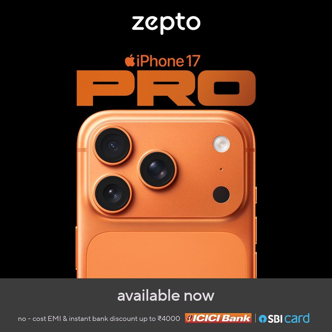 TechyBoostDeals's tweet image. 🍏 iPhone 17 Pro is Now Available on Zepto! 🚀

⚡ Grab Apple’s latest flagship with superfast Zepto delivery!
🛒 Don’t miss out – check availability in your area now.

#iPhone17Pro #Zepto #TechDrop #Apple