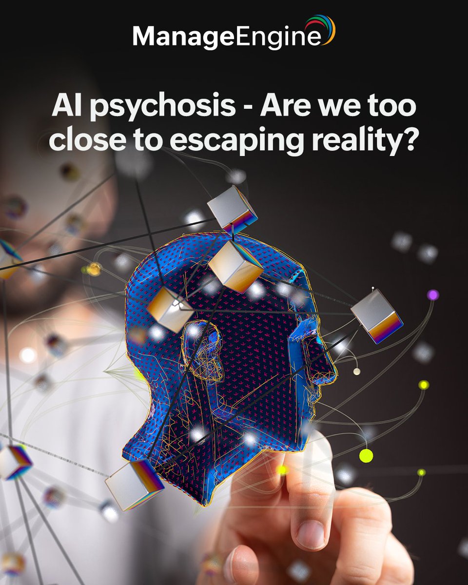 manageengine's tweet image. Chatbot companionships over coffee conversations? 

It&apos;s about time to choose between getting lost with AI or because of AI. While most of us look at AI as our safe space, here&apos;s AI psychosis—a new red flag. 

Tap to read: zurl.co/7efXT 

#AIPsychosis #ManageEngine