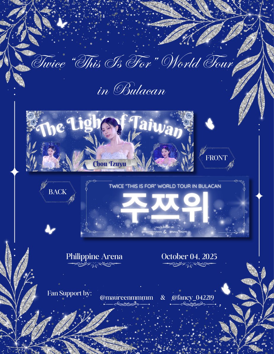 𝓣𝓦𝓘𝓒𝓔 "𝓣𝓱𝓲𝓼 𝓘𝓼 𝓕𝓸𝓻" 𝓲𝓷 𝓑𝓾𝓵𝓪𝓬𝓪𝓷

Fan support by: <a href="/maureenmmmm/">Maureen 💎🍀🍭</a> and <a href="/fancy_042219/">CELL💎⭐➕</a> 
Design by: <a href="/fancy_042219/">CELL💎⭐➕</a> 

ᢉ𐭩 strictly 1:1
ᢉ𐭩 exact time &amp; location TBA  

See you on October 4th!  

#TWICE #THISISFOR #TZUYU #TWICE_THISISFOR_WORLD_TOUR_BULACAN