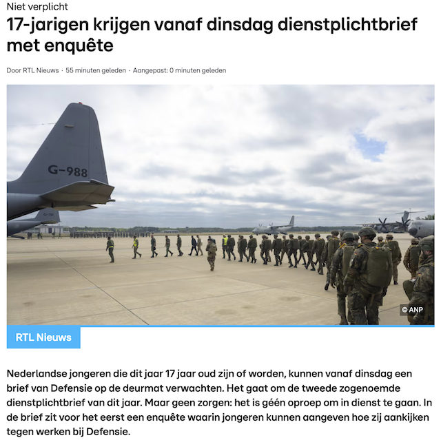 Geen zorgen, beste ouders, uw kind wordt niet direct bij u weggehaald, het is alleen maar een beetje predictive programming. Langzaam voeren we de sneuvelbereidheid op. Dan gaan ze straks allemaal vrijwillig naar het front en zwaait u ze vrolijk uit. We doen het tenslotte voor