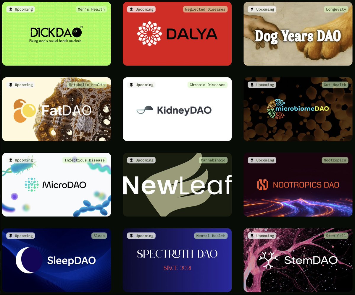 Spectruth DAO (@spectruthai) on Twitter photo 12 New <a href="/BioProtocol/">Bio Protocol</a> Launchpad Projects on the
<a href="/BioProtocolEco/">Bio Ecosystem</a> in alphabetical order:
1) <a href="/D1ckDAO/">D1ckDAO</a> : Men’s Health Solutions
2) <a href="/DalyaDAO/">DALYA</a> : Cures for Neglected Diseases
3) <a href="/DogYearsDAO/">Dog Years DAO</a> : Extending Dog Lifespans
4) <a href="/FatDAO_/">FatDAO🟡</a> : Weight Loss Research
5) <a href="/KidneyDAO/">KidneyDAO</a> : 12 New <a href="/BioProtocol/">Bio Protocol</a> Launchpad Projects on the
<a href="/BioProtocolEco/">Bio Ecosystem</a> in alphabetical order:
1) <a href="/D1ckDAO/">D1ckDAO</a> : Men’s Health Solutions
2) <a href="/DalyaDAO/">DALYA</a> : Cures for Neglected Diseases
3) <a href="/DogYearsDAO/">Dog Years DAO</a> : Extending Dog Lifespans
4) <a href="/FatDAO_/">FatDAO🟡</a> : Weight Loss Research
5) <a href="/KidneyDAO/">KidneyDAO</a> :