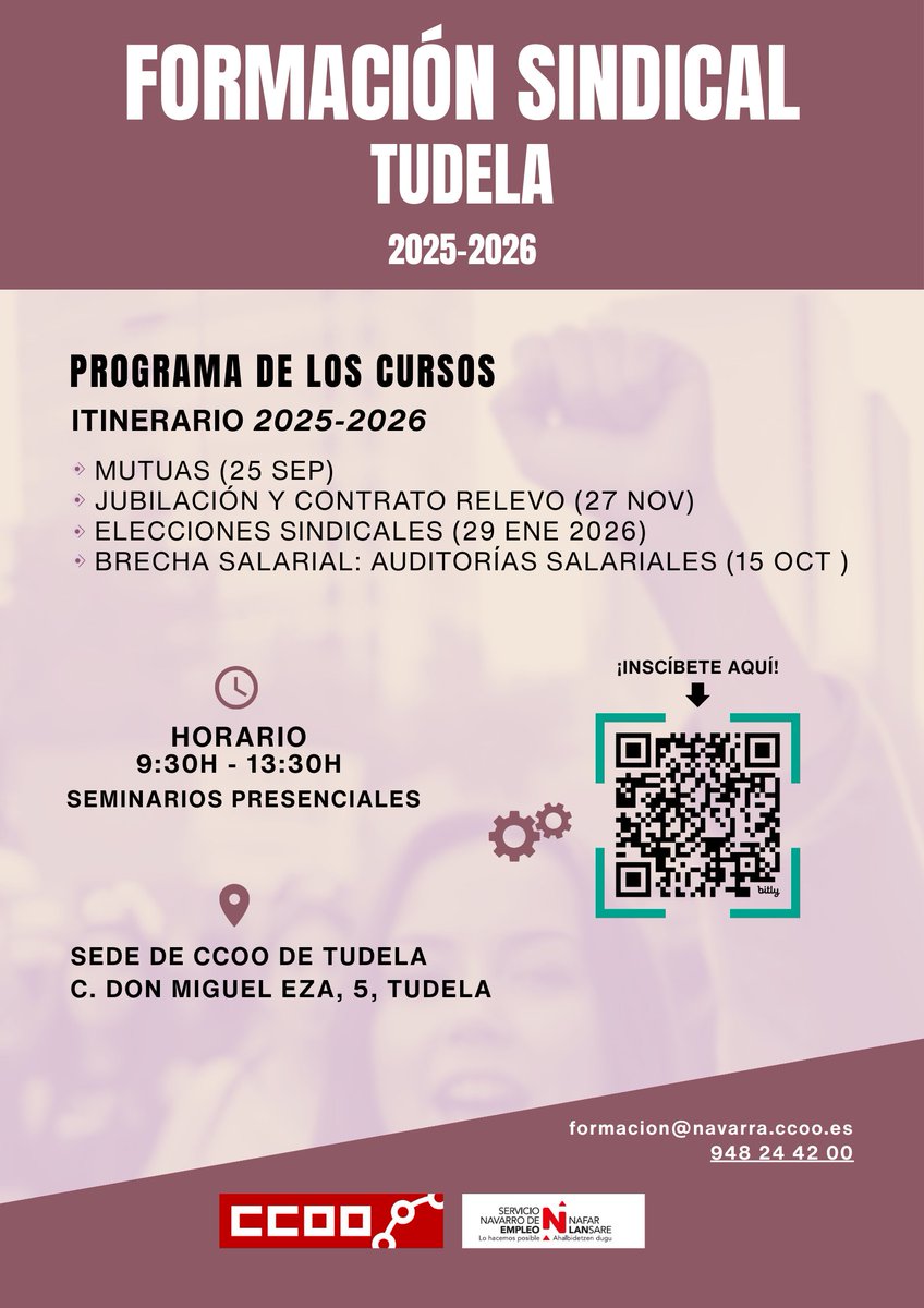 Doble oferta de formación para delegados y delegadas del sindicato. 

📍El jueves 25, en Tudela, curso sobre el papel de las mutuas impartido por Silvia Bea.
📍El viernes 26, en Pamplona, seminario sobre los derechos a la formación en las empresas de los centros de trabajo.