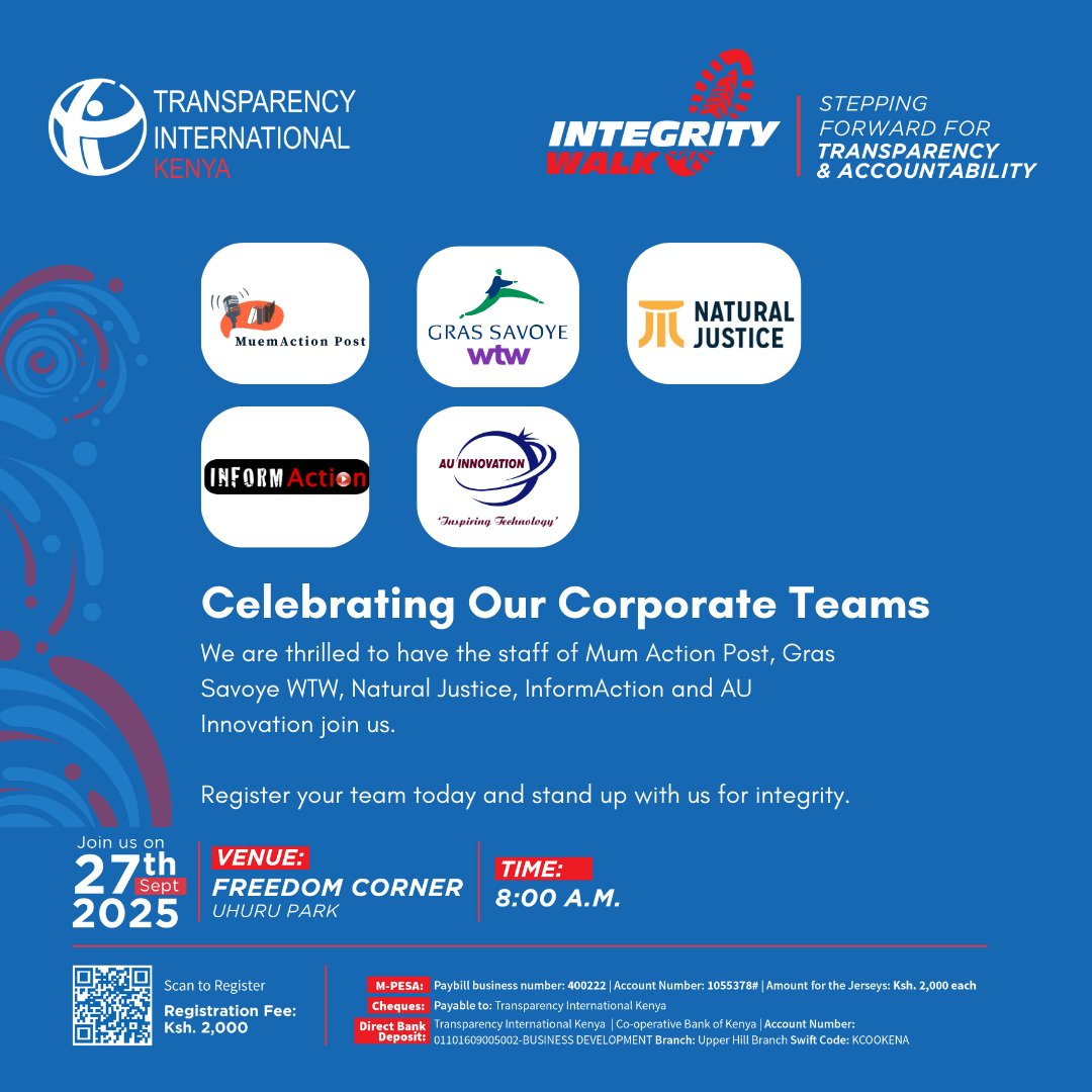TI-Kenya (@tikenya) on Twitter photo 👏 Big shoutout to our newest corporate teams: <a href="/InformAction_KE/">InformAction Kenya</a>, <a href="/naturaljustice/">Natural Justice</a> , <a href="/grassavoye_lb/">grassavoye_lb</a> <a href="/AUInnovationLtd/">AU Innovation</a> , and <a href="/MuemActionPost/">MuemAction Post</a>
Thank you for stepping up for the #IntegrityWalk2025!
👉Register now at integritywalk.tikenya.org 👏 Big shoutout to our newest corporate teams: <a href="/InformAction_KE/">InformAction Kenya</a>, <a href="/naturaljustice/">Natural Justice</a> , <a href="/grassavoye_lb/">grassavoye_lb</a> <a href="/AUInnovationLtd/">AU Innovation</a> , and <a href="/MuemActionPost/">MuemAction Post</a>
Thank you for stepping up for the #IntegrityWalk2025!
👉Register now at integritywalk.tikenya.org
