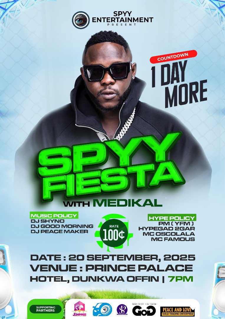 SpyyEnt's tweet photo. Finally Finally Finally ‼️ Is About Time, Spyy Fiesta with @Medikal Mdk coming up this Saturday inside: Prince Palace Hotel 🏨 Tickets Available Now. 🔥🔥🔥🔥🔥🔥🔥🔥
#SpyyFiesta #Spyyentertainment #spyyfiestawithmedikal https://t.co/MQk4jZZLuw